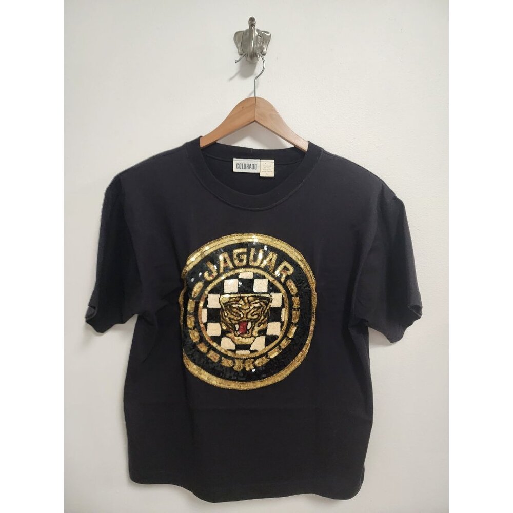 Vintage Colorado black gold 80s sequin jaguar logo short sleeve T-shirt L